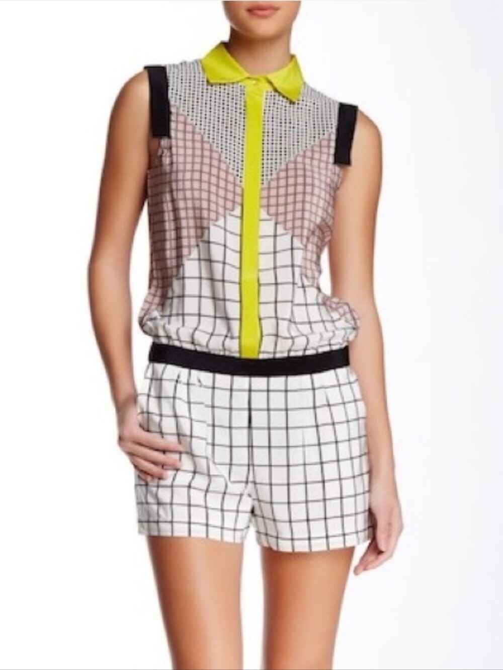 Trina Turk Silk Romper Sleeveless Geometric Clover Collared Button Front 10
